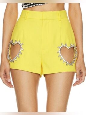 AREA Yellow High-Waist Shorts with Jeweled Heart Appliqués Size 2